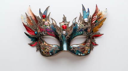 High-Resolution Festive New Year&rsquo;s Mask with Glitter and Feather Embellishments on White Background, Emphasizing Detailed Holiday-Themed Accents and Vibrant Colors