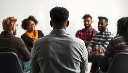 Back view to depressed black male drinker talking about alcohol addiction abuse sitting in circle speak to diverse addicted people at group therapy session. Concept of mental health, support isolate