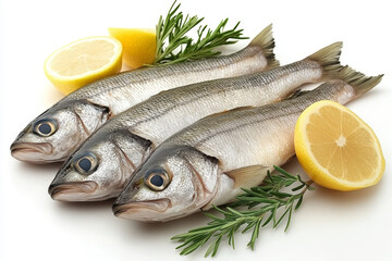 Fresh Hake fish on rosemary and lemon background. Ingredients for cooking.