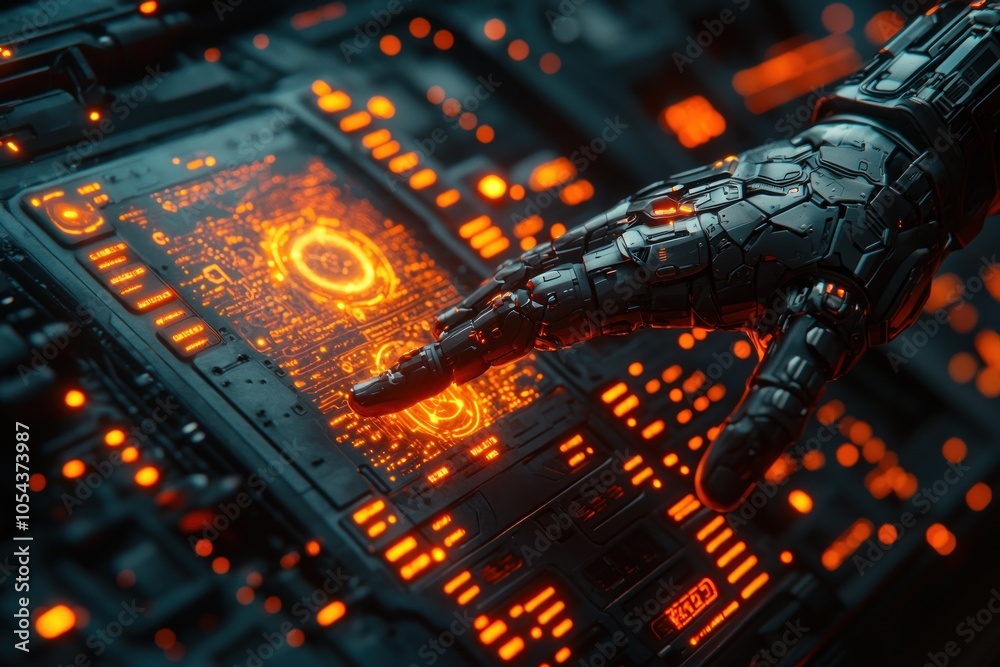Poster a robotic hand interacts with an illuminated futuristic control panel.