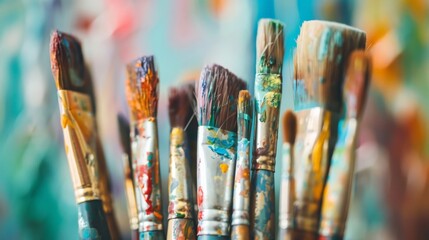 Fototapeta premium Set of artist paintbrushes with colorful tips, showcasing creativity and art supplies