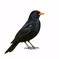 Fototapeta premium A small, black bird with a bright orange beak, standing on a white background