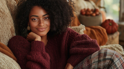 A cozy, stylish ad for a women&acirc;s clothing store, featuring a model in a chunky burgundy sweater paired with plaid pants. She&acirc;s surrounded by fall decor in warm, earthy tones, captu