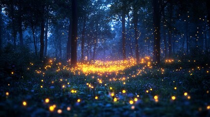 Enchanted forest illuminated by glowing fireflies in a serene twilight setting.