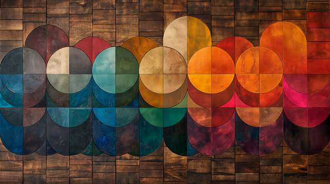 Wallpaper with colourful rounds on wooden background.