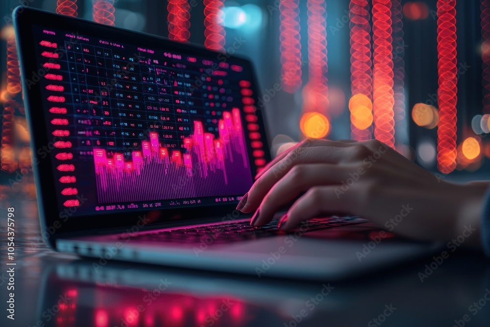 Poster A hand typing on a laptop with a stock market graph displayed on the screen, illuminated by red and orange bokeh lights