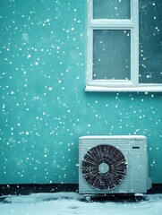 Winter wonderland with a lone air conditioner or outdoor unit of air-water heat pump against green wall.