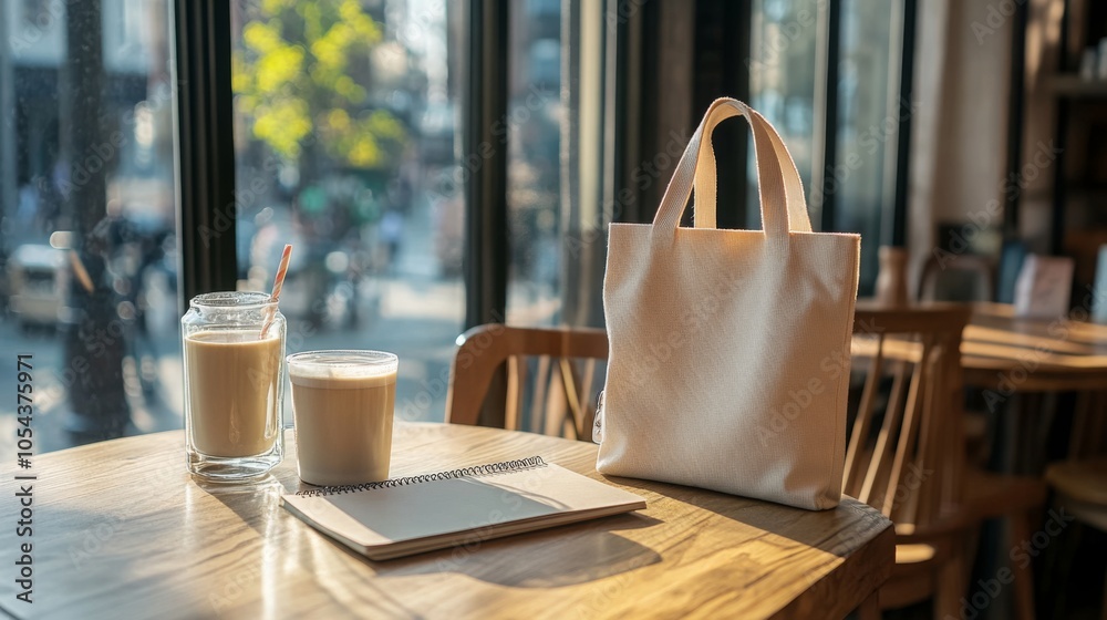 Poster in a warm cafe, two glasses of milk-based coffee sit beside a blank notebook on a wooden table. a li