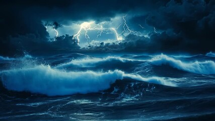 Lightning strikes illuminate the stormy sea at night