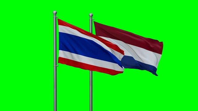 Netherlands and Thailand flags flying together, video concept of the relationship with colored chroma key for easy background remove