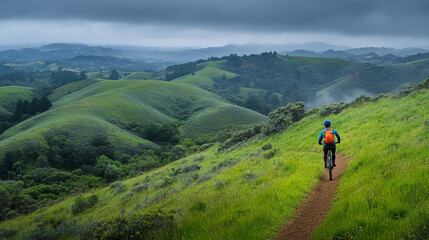 Fototapeta premium Mountain Biking on a Winding Trail Through Green Hills