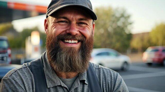 A man with a beard and a baseball cap smiles broadly while standing outside in the afternoon
