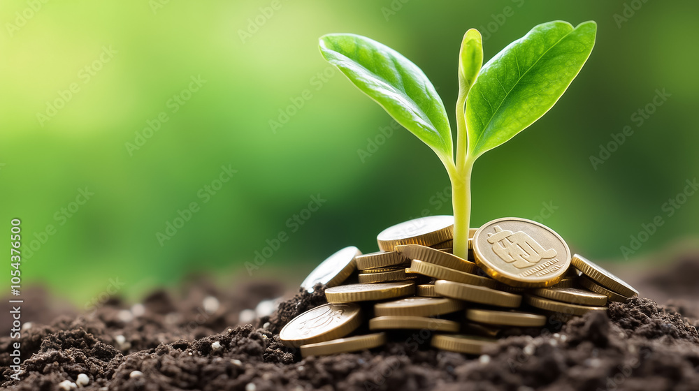 Wall mural a small green plant emerges from a mound of coins, representing wealth and new beginnings in a brigh