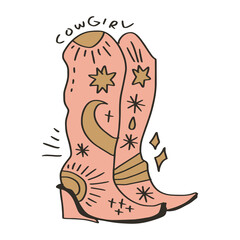 Boho pink cowgirl patterned boot, funky groovy hippie cowgirl or cowboy concept clipart. Vector illustration.