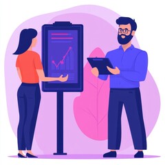 Two professionals discussing data on a digital display.