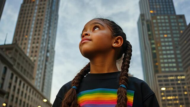 A young girl with braids looks up at the tall buildings in a city