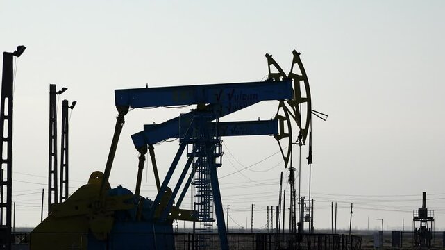 Silhouette of crude oil extraction pumps on industrial platform