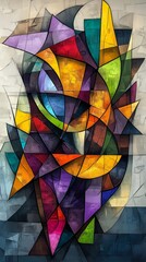 Fototapeta premium Surreal fragmented image in cubist style, featuring distorted shapes blending perspectives in vibrant colors