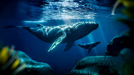 Naklejka premium A serene underwater scene of a mother whale and baby calf swimming gracefully, sunlit rays highlighting their smooth skin as bubbles trail behind, creating a calm, intimate ocean atmosphere.