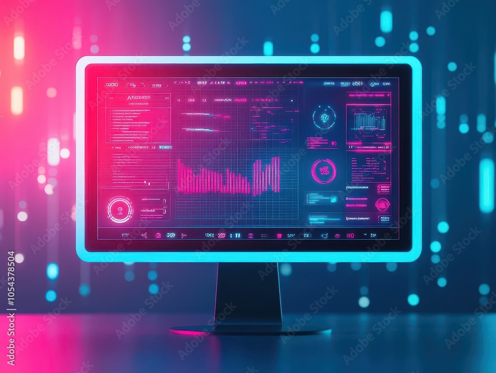 Fototapete monitor with neonlit futuristic dashboard flat design front view urban futuristic theme 3d render vi