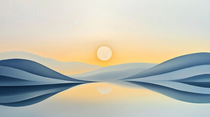 Abstract Sunset Landscape with Water Reflection and Mountains