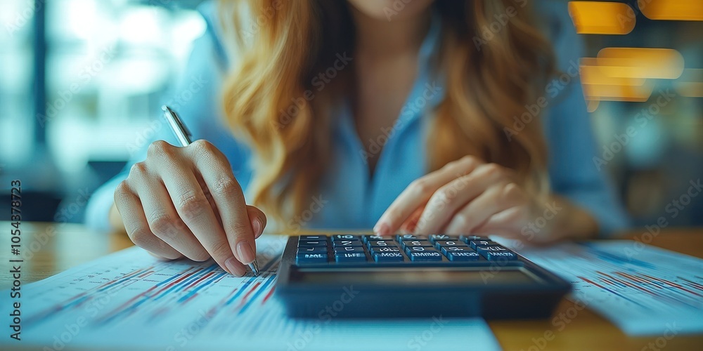 Poster close-up of a woman's hand analyzing financial data with a calculator and pen