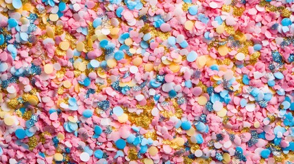 A vibrant mix of colorful confetti featuring pink, blue, gold, and yellow particles, creating a festive and joyful appearance.