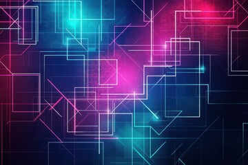 Obraz premium Neon outlines of abstract geometric forms overlaying a dark background, transitioning through bold primary colors, Digital, Glowing, High Contrast