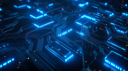 Illuminated hexagonal patterns in a futuristic digital landscape with blue and orange highlights