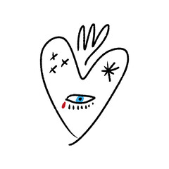 Magical boho sacred heart with Nazar blue eye, love peace Valentine freedom symbol concept, hand-drawn editable saint amulet isolated on white background, vector clipart illustration.