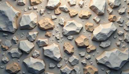 A surface of different sized stones with irregular edges in gradations of gray and neutral tones