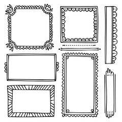 Set of hand-drawn doodle black frames and elements isolated on a white background. 