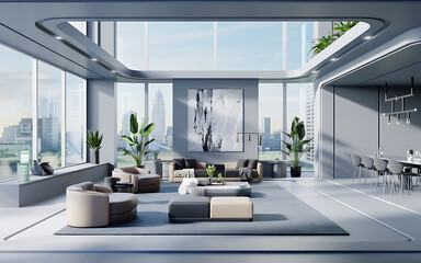 Modern living room with grey and beige furniture  city view  contemporary design  luxury apartment  urban lifestyle   