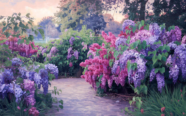 Obraz premium Purple and pink lilac flowers blooming in a garden path spring floral background 