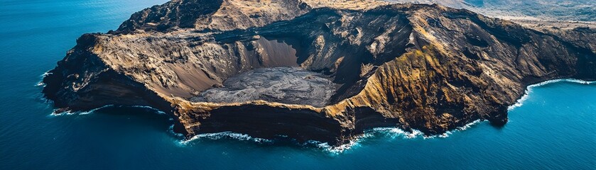 Aerial View of a Volcanic Crater Island Surrounded by Ocean