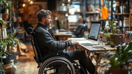 Obraz premium A wheelchair user working comfortably at a modern desk in a cozy library in daylight