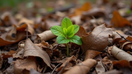 Fresh green sprout emerging through decaying autumn leaves