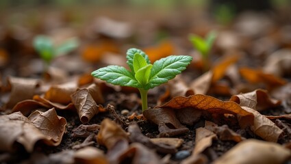 Fresh green sprout emerging through decaying autumn leaves