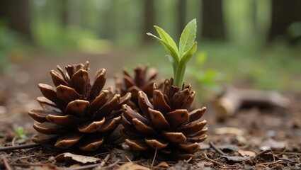 New life sprouting amidst pinecones in the forest