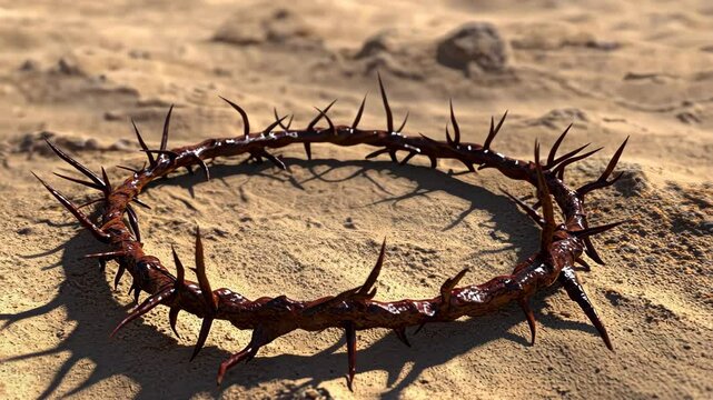 A thorny crown lies in the sand, a somber reminder of suffering and sacrifice