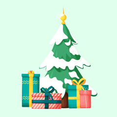 Vector illustration of a snow-covered, decorated tree with wrapped gifts underneath. Design of a New Year tree with gifts underneath on a white background in vector style.