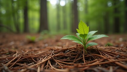 Vibrant sprout among decomposing pine needles in forest