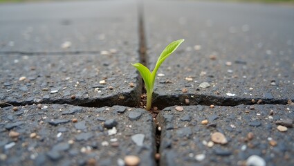 Resilient sprout breaking through asphalt in old country road