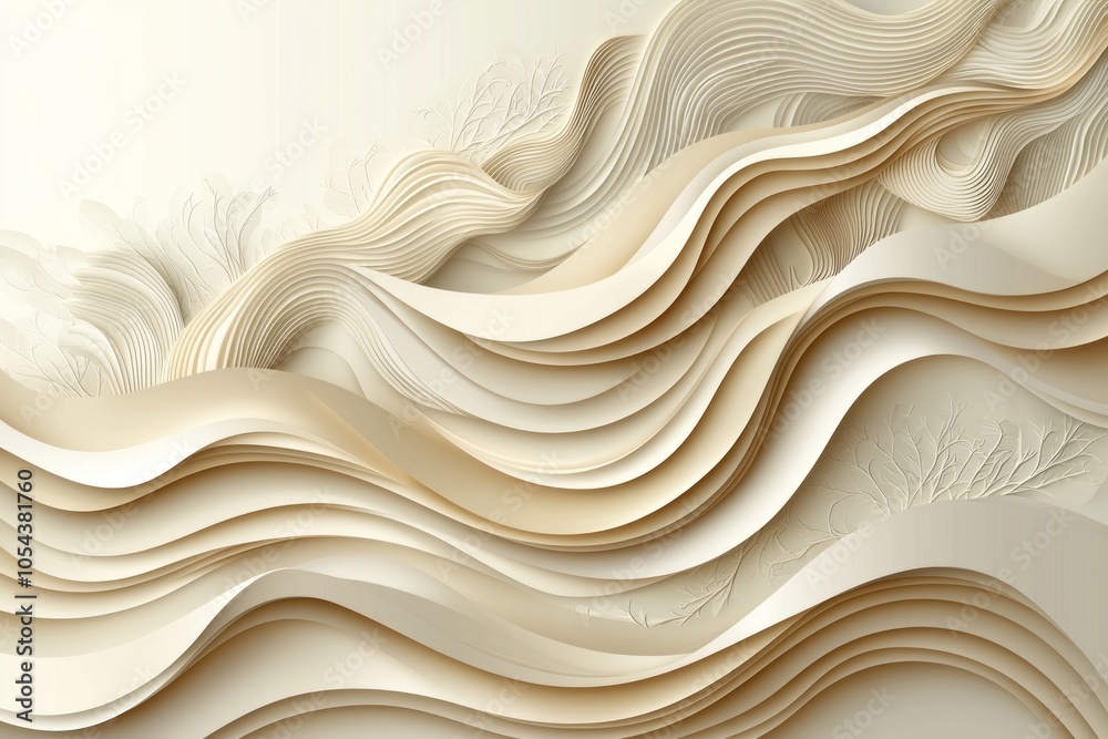 Poster abstract paper art with wavy layers and embossed branches