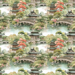 Fototapeta premium Japanese Garden Watercolor seamless pattern. Pattern for wallpaper, background, print on fabric and paper.