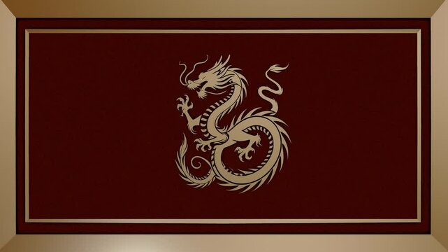 Chinese zodiac sign of a dragon at the center on a metal frame with red velvet background