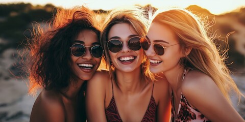 Three young women happily posing on the beach, wearing sunglasses and enjoying a sunny day in a spirited setting.