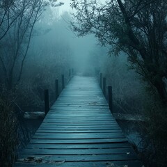 Obraz premium A misty boardwalk vanishes into a foggy forest, inviting exploration and mystery at dawn.
