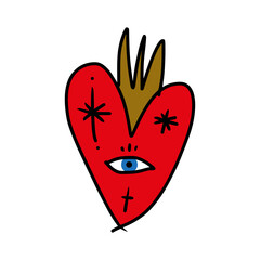 Magical boho sacred heart with Nazar blue eye, love peace Valentine freedom symbol concept, hand-drawn editable saint amulet isolated on white background, vector clipart illustration.