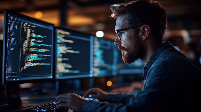 Software developer coding on multiple screens, utilizing cloud infrastructure for scalability and efficient workflow - Powered by Adobe